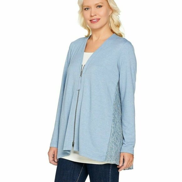 LOGO by Lori Goldstein XL Beige Zip Lace Cardigan - Picture 2 of 10